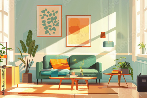A bright and sunny living room with a green couch, a coffee table