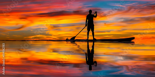 A man is paddling a surfboard on a lake at sunset