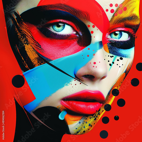 A woman's face is painted with a colorful, abstract design