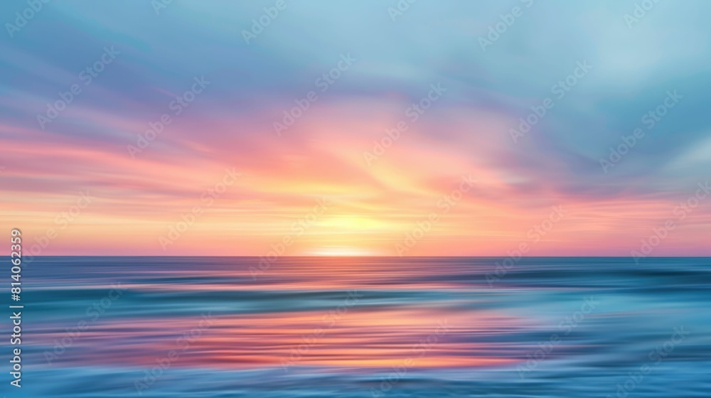 A dreamy, blurry photo capturing the red sky at morning above the ocean. The sun is setting, painting the sky in shades of orange and red, creating a beautiful natural landscape AIG50
