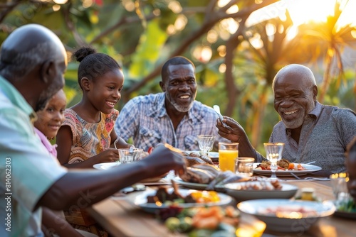 joyful family dinner smiling generations eating together outdoors lifestyle photo