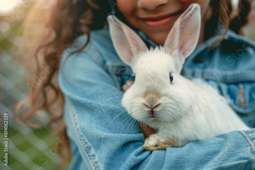 A girl is holding a white rabbit in her arms