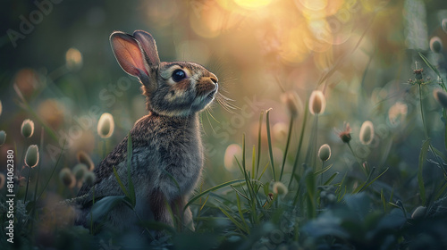 A rabbit is standing in a field of grass