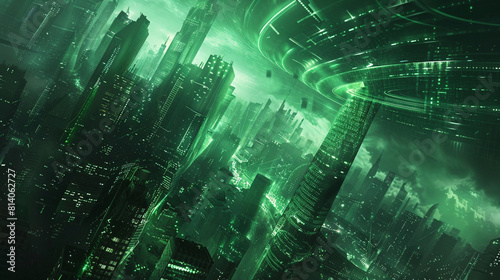 Cybernetic storm, a tempest of green code engulfing a dark cityscape
