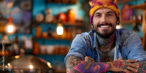 Happy tattoo artist with tattoos on hands posing in studio. Concept Tattoo Artist  Studio  Hands Tattoos  Poses  Happy Mood