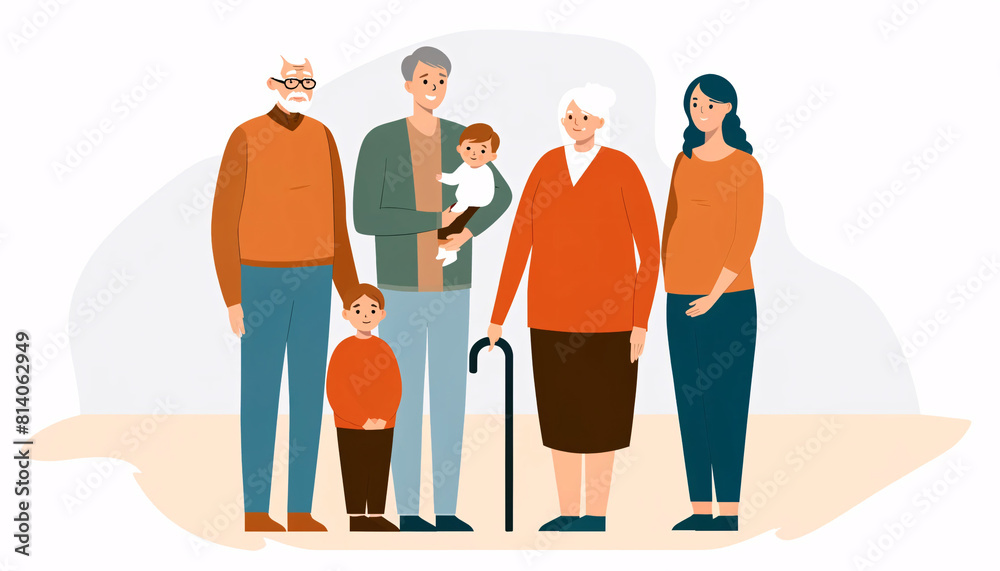 Naklejka premium Illustration of a multi-generational family standing together, depicted in a flat, modern style