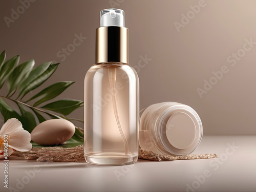 Cosmetic bottle with dropper on a dark background with palm leaves