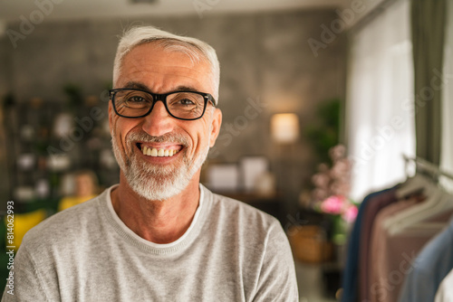Portrait of one mature senior caucasian man stand and smile at home