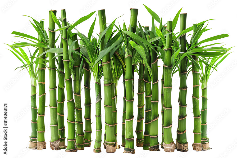 Obraz premium A photo of a clump of green bamboo stalks with lush foliage against a transparent background.