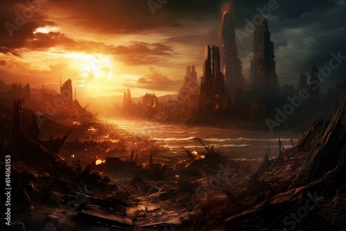 The dramatic and eerie apocalyptic cityscape at sunset  featuring ruins and desolation  creates a dystopian landscape in a post-war world