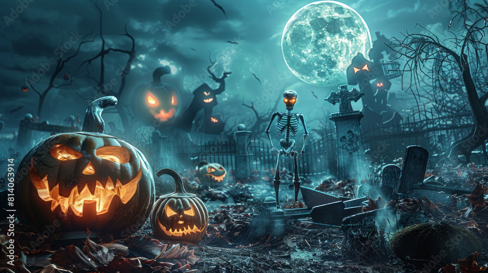 Obraz premium Spooky Halloween card featuring carved pumpkins and a skeleton in a graveyard under the moonlight.