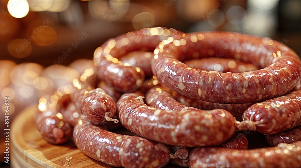 Fresh handmade sausages piled neatly on a wooden board Fresh handmade sausages piled neatly on a wooden board