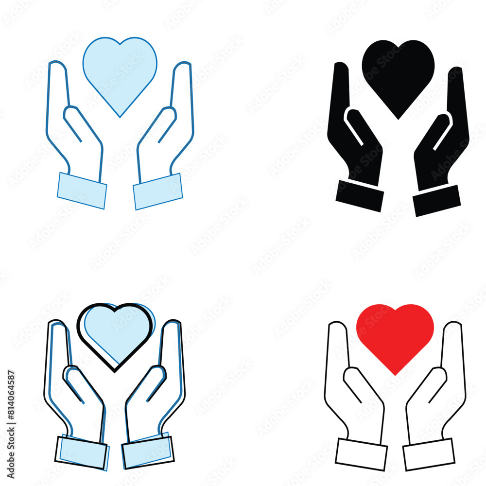 Obraz premium Heart in hand icons set. Hands holding heart icon. Love icon. Health, medicine symbol. Healthcare hands holding heart flat and line style