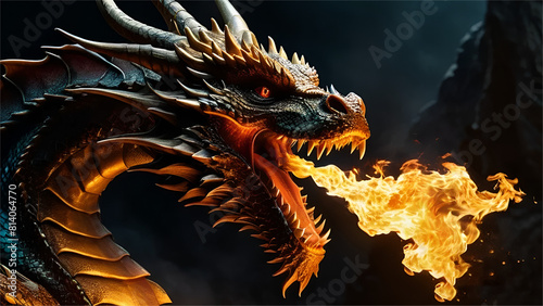 Aggrasive dragon spitting fire in front of somthing photo