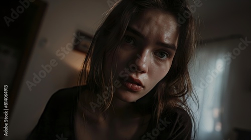 dramatic cinematic portrait, low angle shot, beautiful woman in her home, her eyes filled with tears © Pter