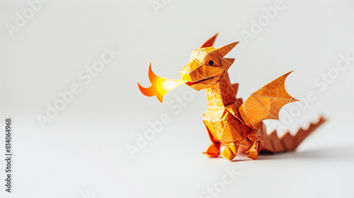 macro photography of cute miniature cardboard orange dragon spitting fire, on white background, space for copy text