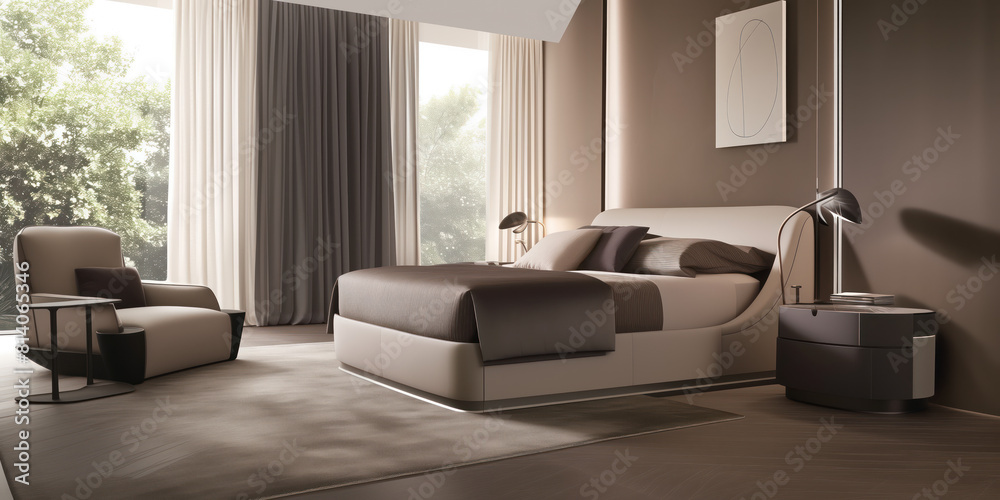 Fototapeta premium A modern bedroom with a welcoming feel