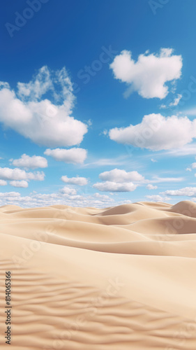 Sand dunes under blue sky with white clouds  peaceful desert landscape