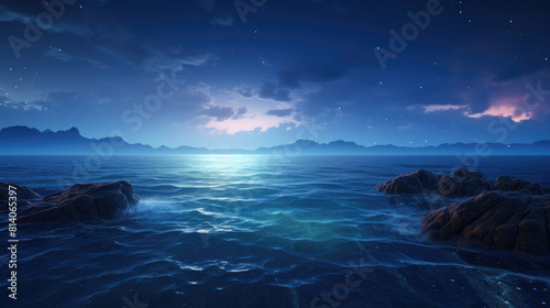 Nighttime seascape with stars  moonrise  and rocky shore under dark sky background