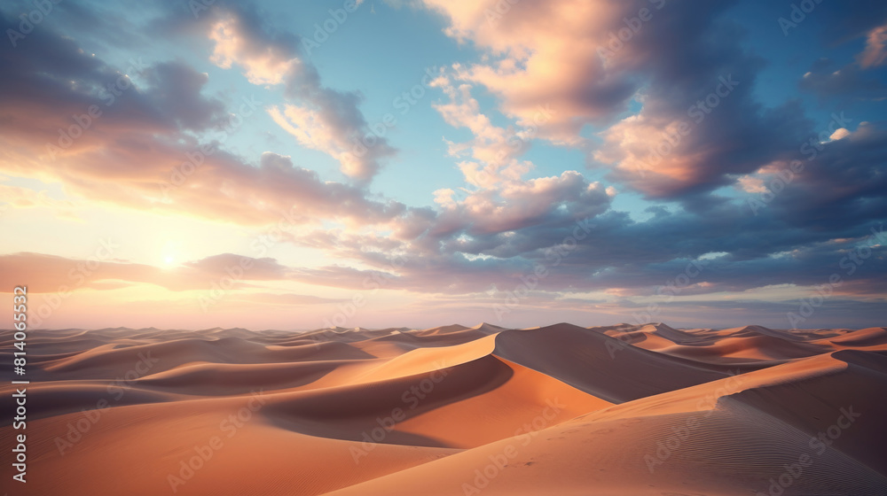Sand dunes under sunset or sunrise glowing sky with clouds, dramatic desert landscape Sand dunes under sunset or sunrise glowing sky with clouds, dramatic desert landscape
