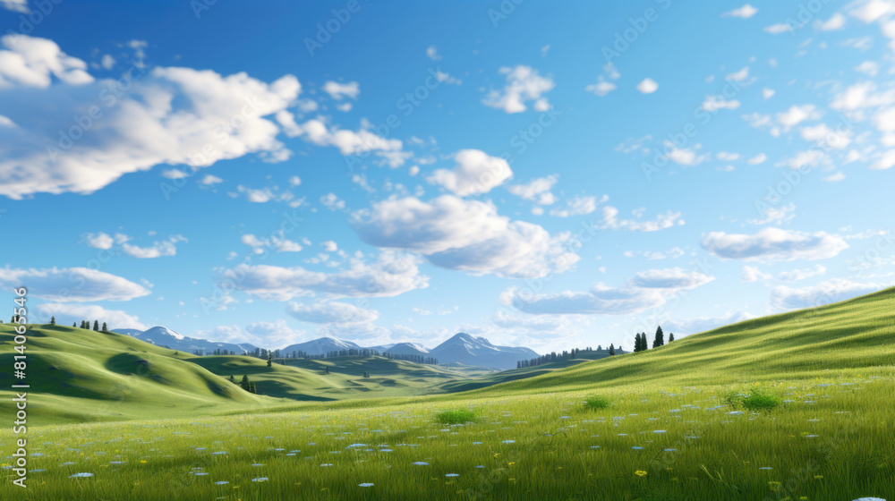 Natural background scene of green hills, blue sky, fluffy clouds, copy space Natural background scene of green hills, blue sky, fluffy clouds, copy space