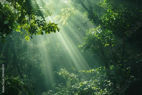 lush green forest with sunbeams filtering through trees serene nature landscape