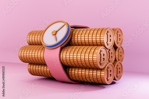 3D illustration. Stacks of bitcoin coins with a watch hand.