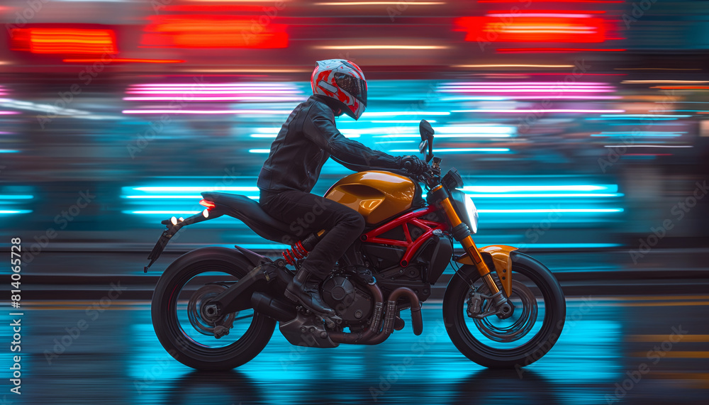 Fototapeta premium Dynamic biker speeding with neon lights