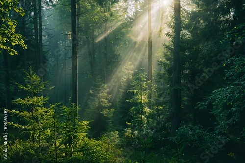 lush green forest with sunbeams filtering through trees serene nature landscape