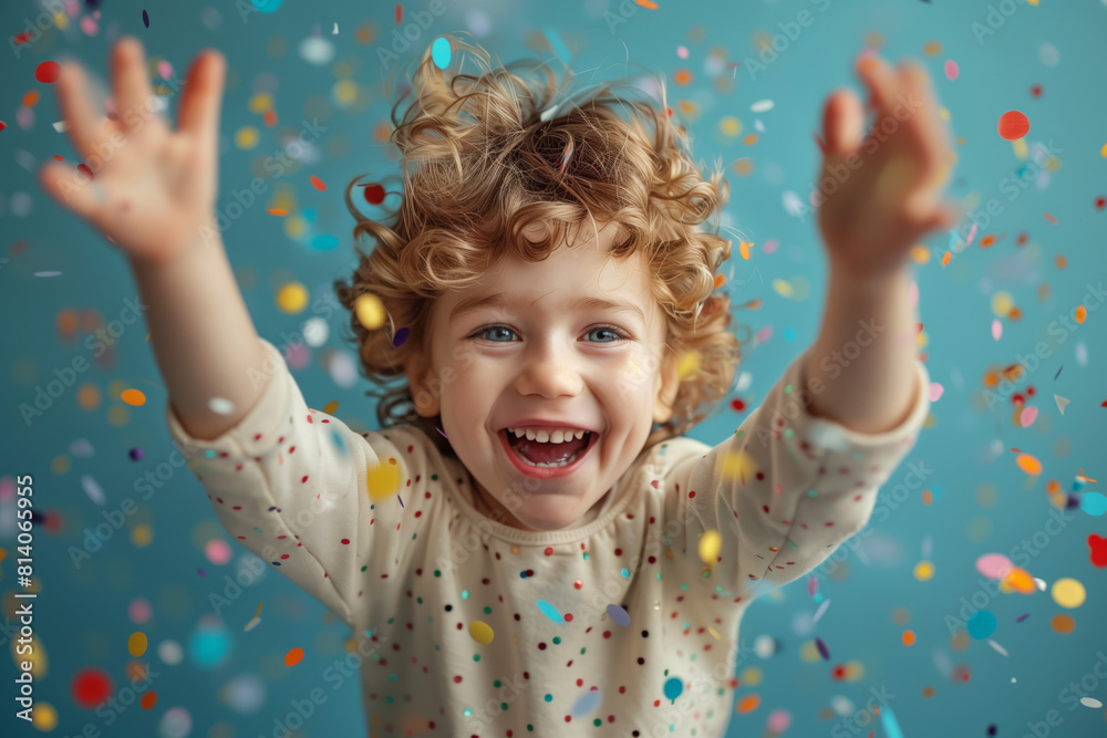 A child jumps with joy in a studio, reaching for falling confetti, embodying carefree celebration