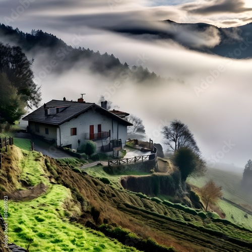  casa aislada en la montaa con niebla granja del norte de europa en el campo photo
