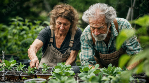 Elderly couple planting seedlings in garden