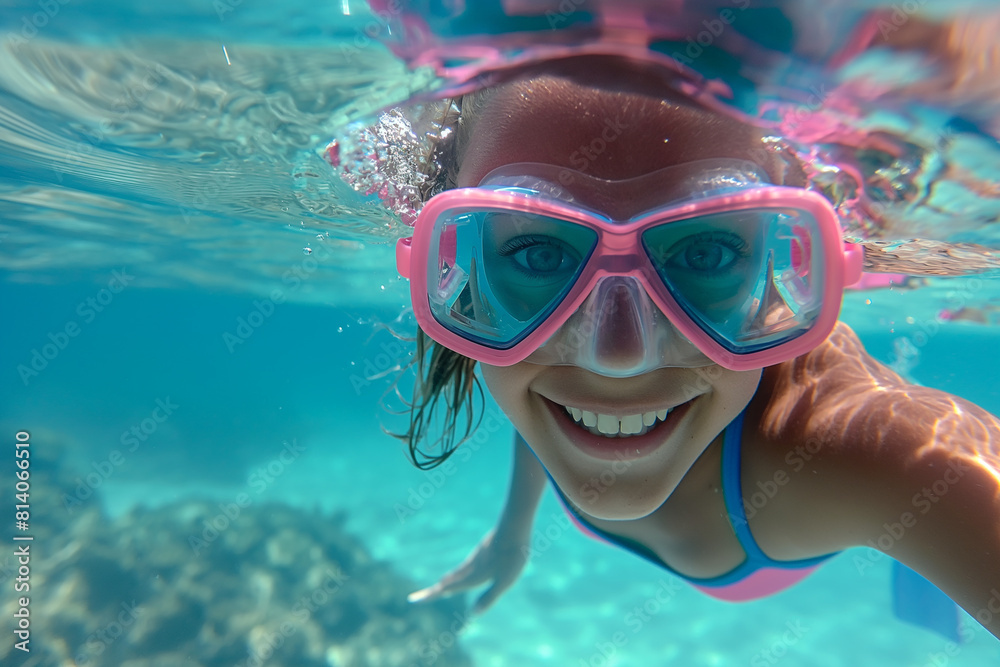 Fototapeta premium Young Girl Swimming Underwater with Snorkel Mask