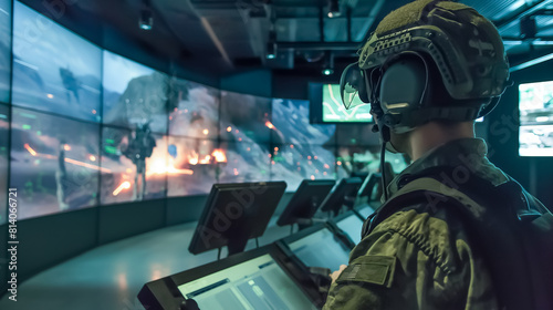 Soldier Monitoring Battlefield Situations Using Advanced Digital Displays in a High-Tech Military Command Center