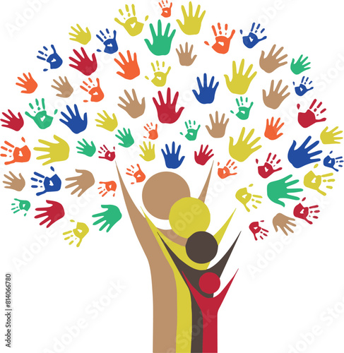 Tree symbol with colorful human hands. Concept illustration for organization help, environment project or social work. Vector illustration.