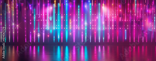 Glowing disco LED lights empty stage, neon laser night club scene decorations for music events banners, festivals media posts, nightclub flyers