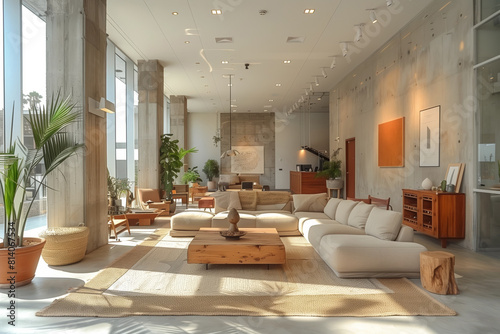 A well-lit, spacious lounge area in a co-working space with comfortable seating and green plants, designed for relaxation and casual meetings. AI Generated.