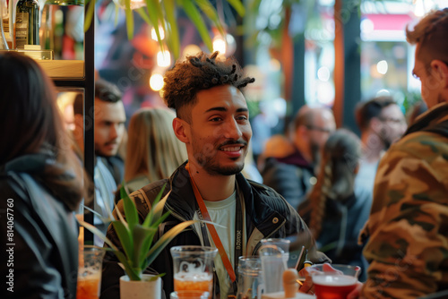 A cheerful young man engages in a lively conversation at a casual tech networking meetup, surrounded by peers AI Generated.