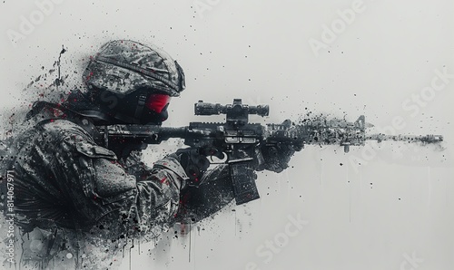 Soldier with assault rifle in action, digital painting of a soldier
