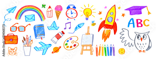 Education felt pen hand drawn vector illustrations set of child drawings and doodles