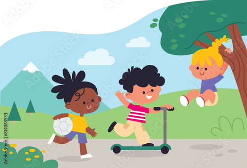 Children spend time outside, having fun, relaxing. Summer. Sunny day. Girl hanging on a branch, boy riding a scooter. Children engage in activities in a good mood. Kids on holiday, vacation, weekends.