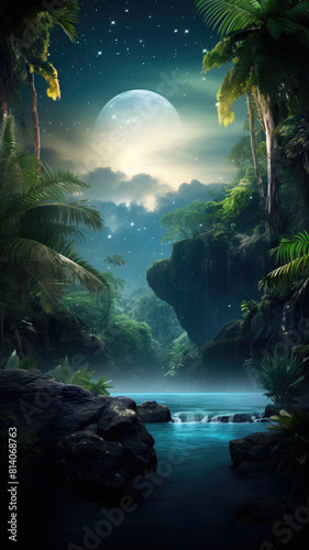 Serene moonlit scene with lush tropical palms in jungles forest under starlit night sky