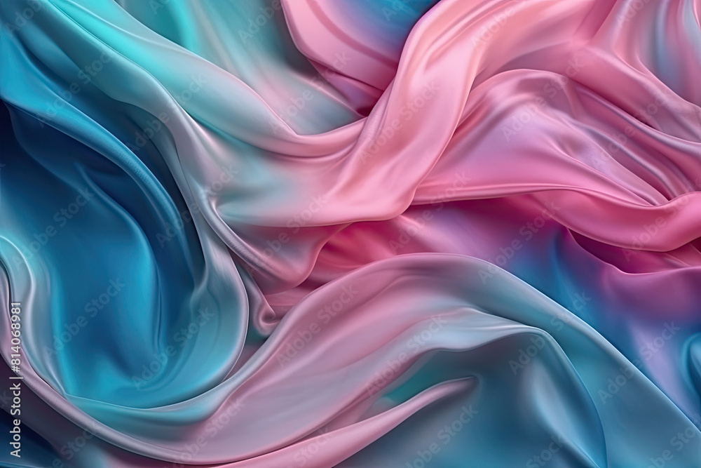 Fototapeta premium Flowing satin fabric in pink and blue hues with smooth waves background, copy space, AI Generated