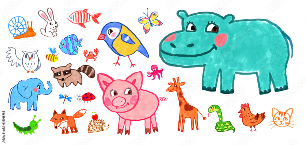 Animals felt pen hand drawn vector illustrations set of child drawings