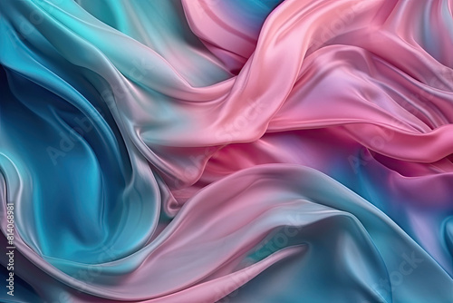 Flowing satin fabric in pink and blue hues with smooth waves background  copy space  AI Generated