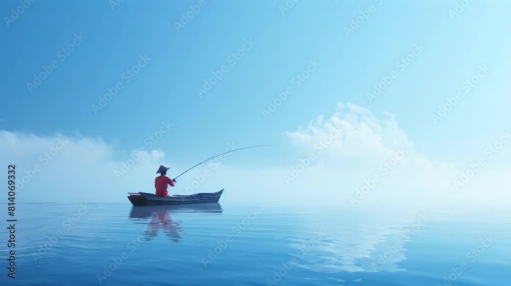 fisherman with a fishon the blue sea background fisherman with a fishon the blue sea background