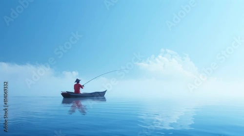 fisherman with a fishon the blue sea background photo