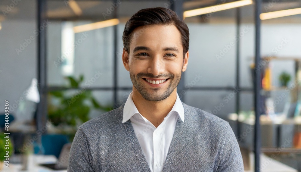 attractive smiling male office worker posing in office and looking at camera attractive smiling male office worker posing in office and looking at camera