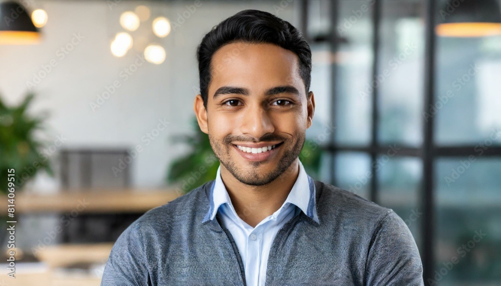 attractive smiling male office worker posing in office and looking at camera