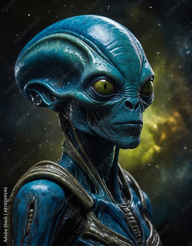 Strange futuristic alien creature with shiny blue and green skin a large head and huge yellow reptilian eyes abstract space scene as background Strange futuristic alien creature with shiny blue and green skin a large head and huge yellow reptilian eyes abstract space scene as background